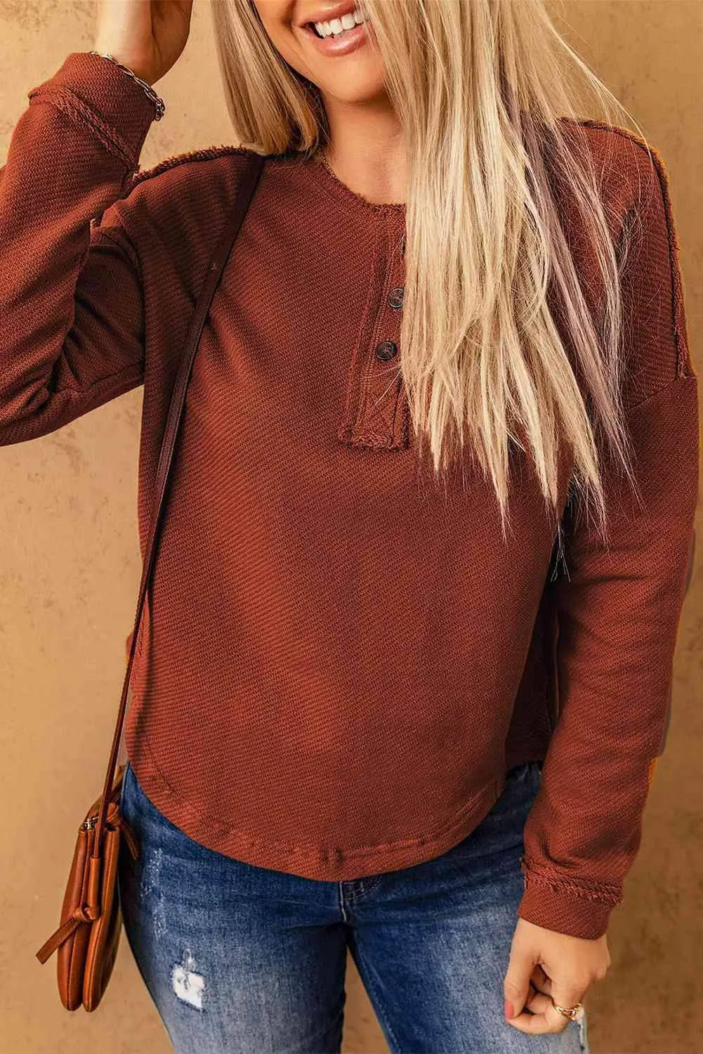 Exposed Seams Round Neck Long Sleeve Blouse Caramel Blouses - Tophatter Daily Deals